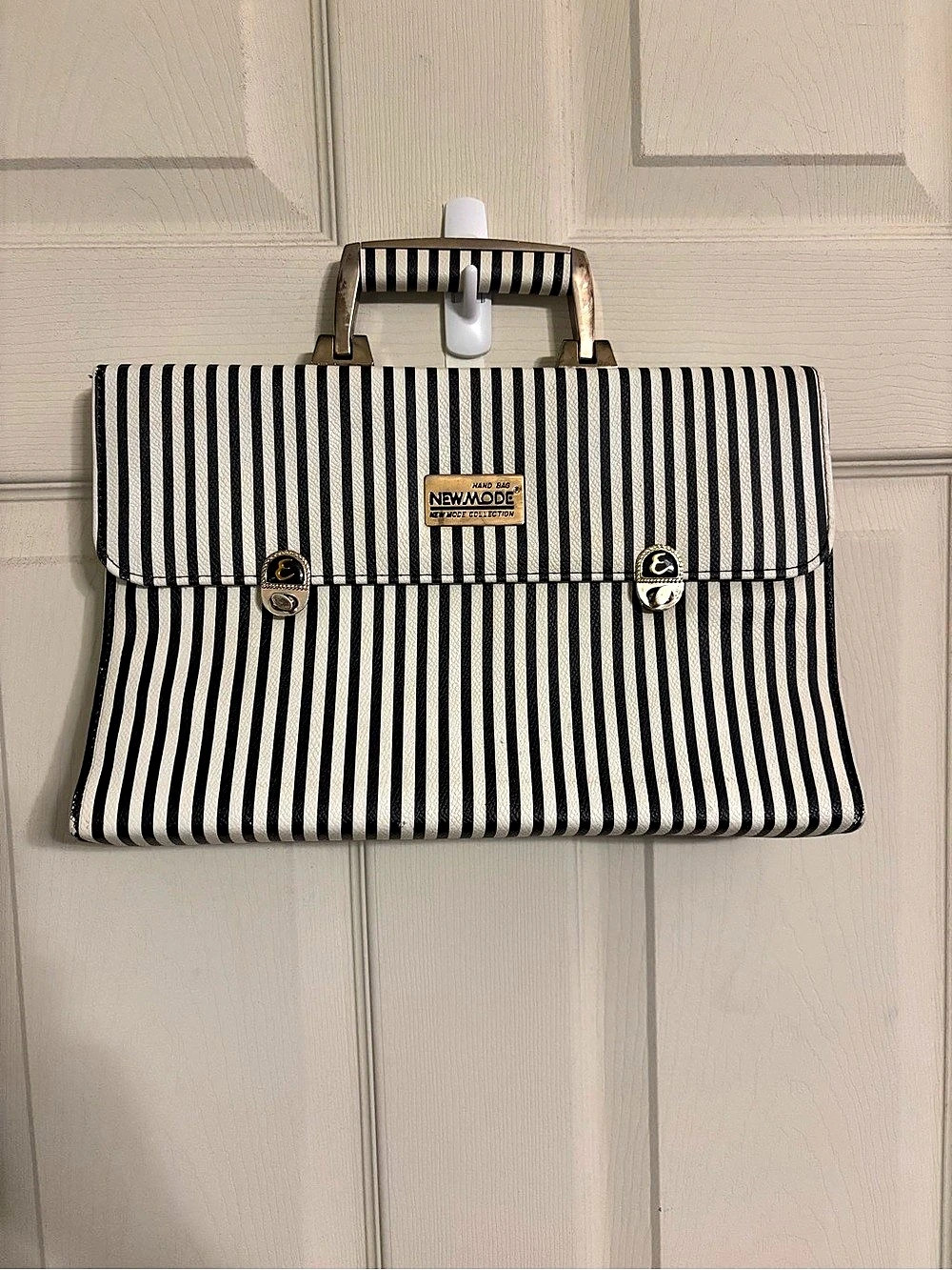 Vintage New Mode Black & White Striped Top Handle Portfolio Bag